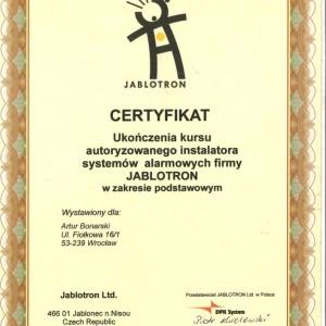 certyfikat ukończenia kursu autoryzowanego instalatora systemów alarmowych firmy JABLOTRON